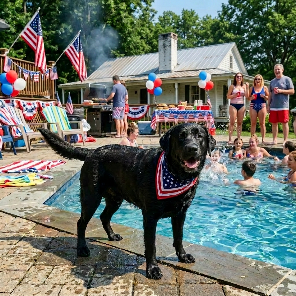 Black dog with American flag bandana standing next to a pool with people swimming and celebrating outdoors